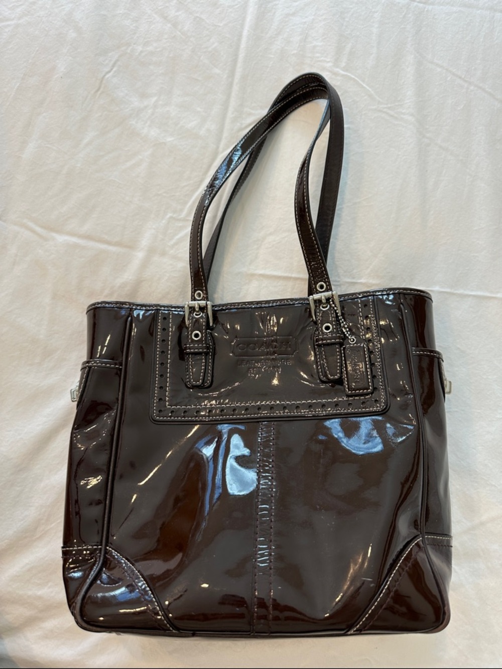 Coach Patent Leather Tote Bag in Dark Brown